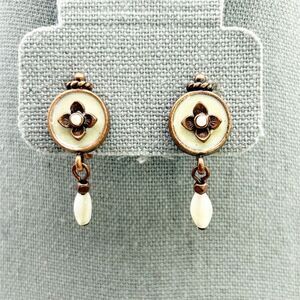 Vintage Avon Floral Copper Clip-On Dangle Earrings with Faux Pearl Classic